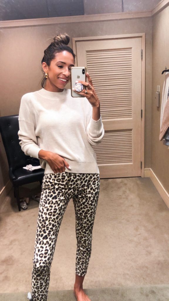 leopard pants, cream sweater