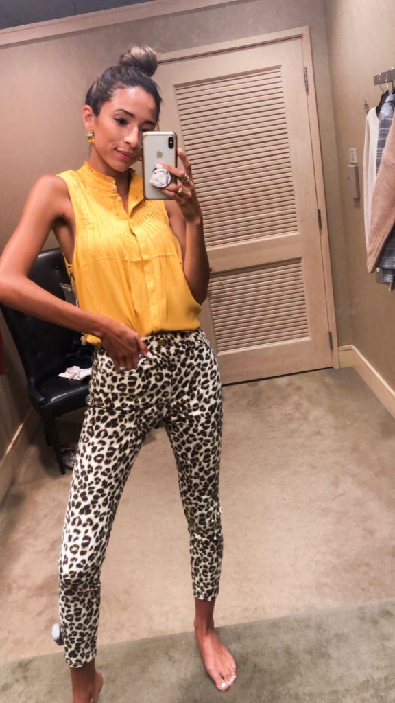 leopard skinny jeans, yellow tank