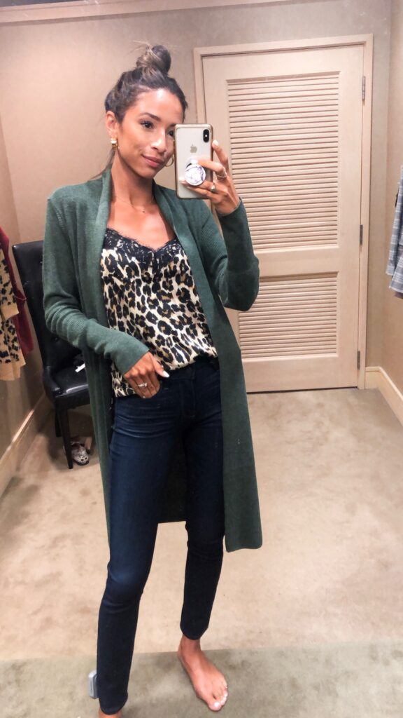leopard silk cami, green cardigan, long cardigan