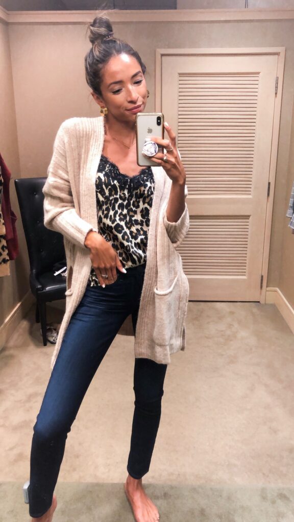 leopard silk cami, cream cardigan