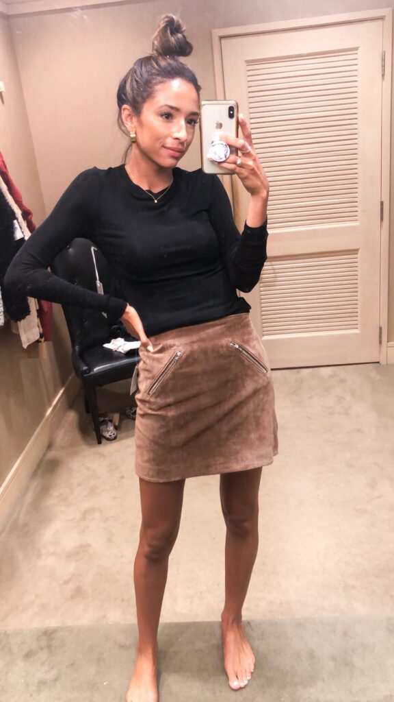 black long sleeve tee, suede skirt