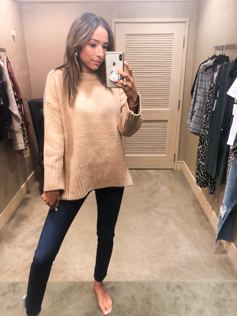 camel sweater, high rise skinny jeans